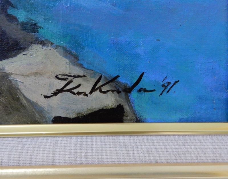 国産日本製質問歓迎　福田輝　『海辺の教会（伊・ベルナーザ）』 1991年作　油彩　F20号　師：バブレーン(フランス) 自然、風景画